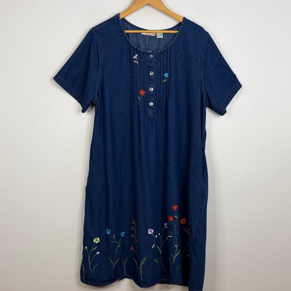 Chambray Dress Womens 2X Blue Jean Embroidered Floral Short Sleeve Prairie Midi